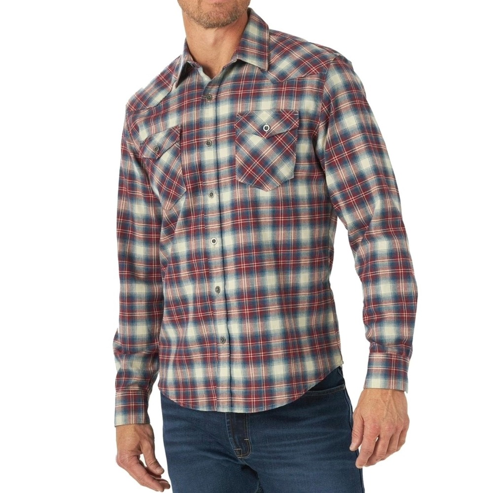 Wrangler red blue plaid long sleeve button down shirt men's 2XL‎